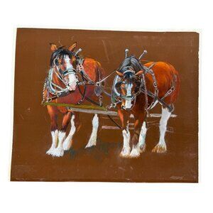 Vintage Equestrian Artwork Two Draft Horses Harness brown western 20.5x16" READ